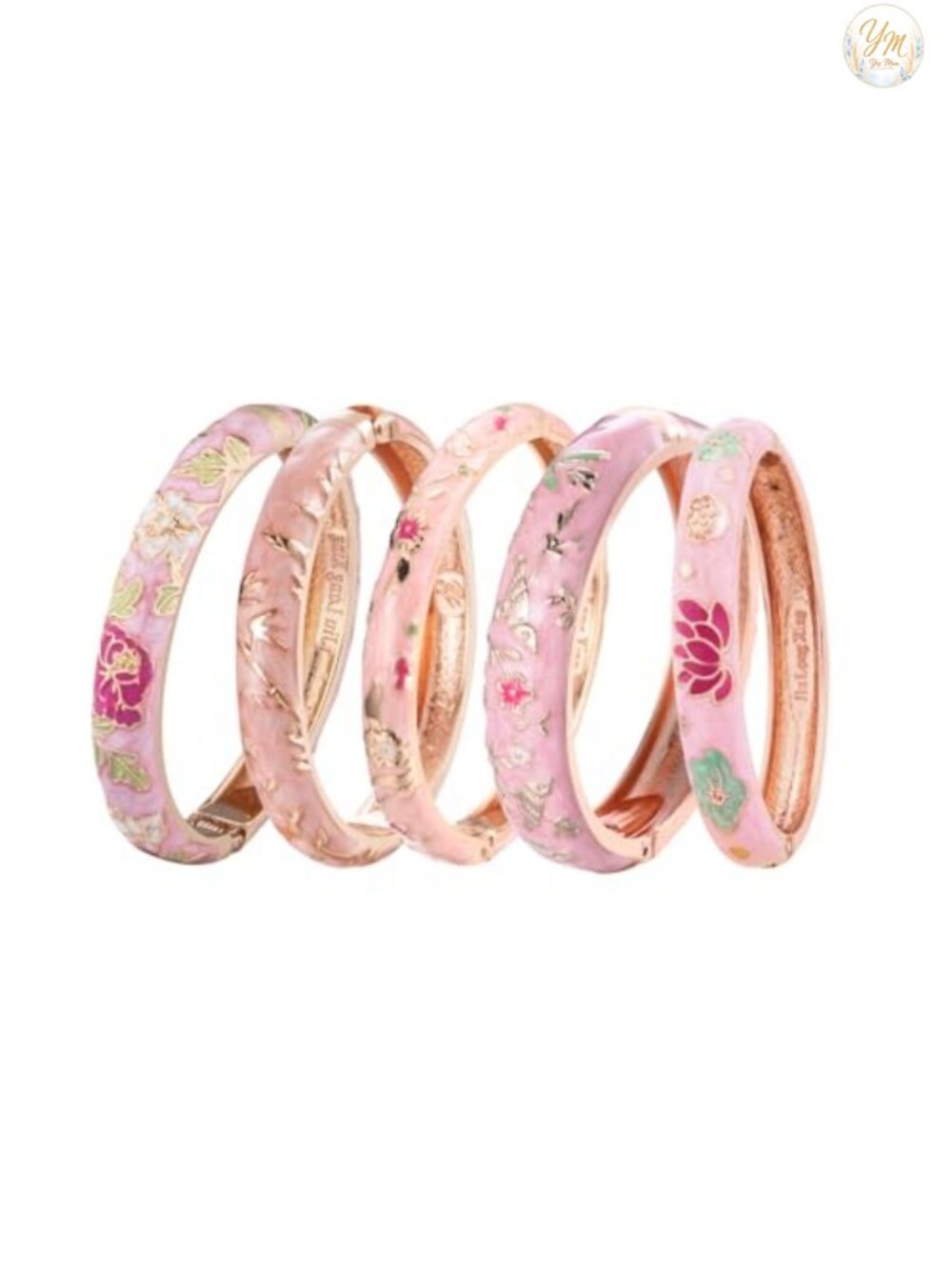 Cloisonne Enamel Bangle Bracelet Set Rose Flower Engraved 5 Piece Gift Box